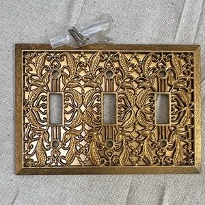 Preowned Ornate Antique-Style Triple Toggle Switch Plate - Gold Finish